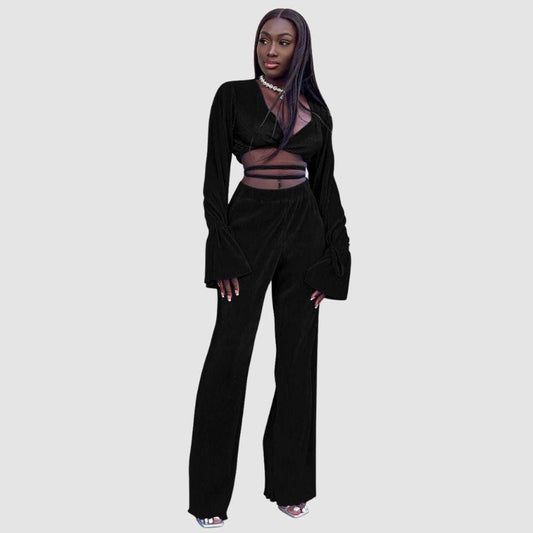 V-Neck Tie Up Top & Pleated Wide Leg Pant Set Yellow / S