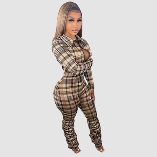 Plaid Printed Bodycon Pleated Jumpsuits Khaki / S