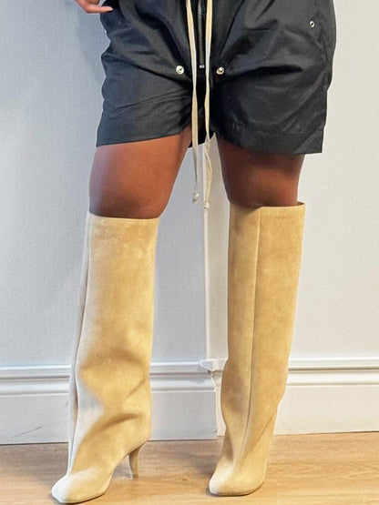 Suede Wide Calf Square Toe Boots Apricot / 9/9.5