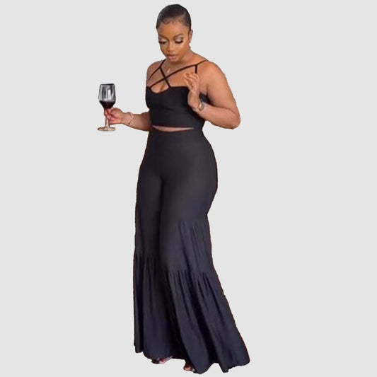 Criss-cross Camisole & Flared Pants Set Black / S