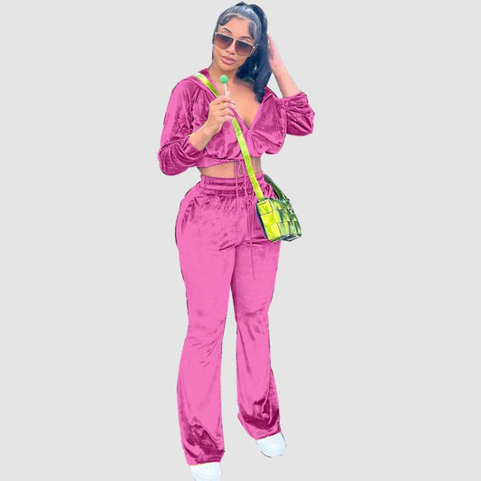 V-Neck Crop Top & Drawstring Flare Pant set Pink / S