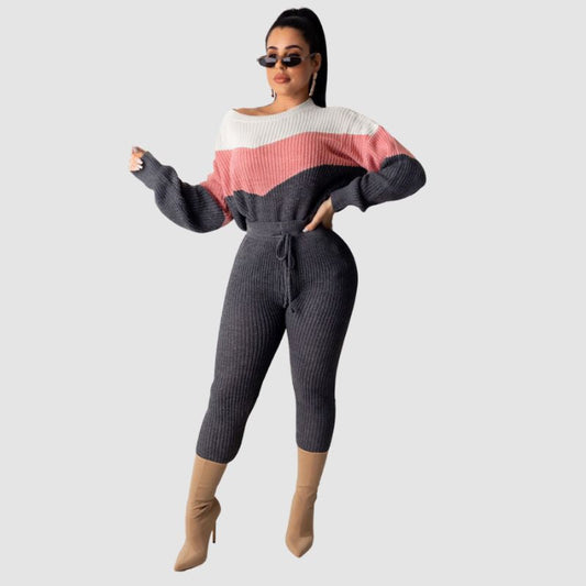 Color Contrast Tie-Up Knit Set Pink / S