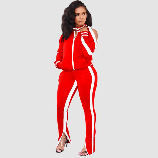 Off Shoulder Zip Top & Split Pant Set Red / S