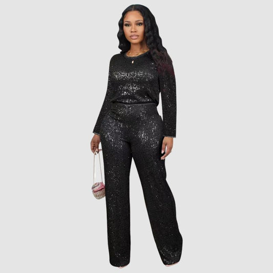 Solid Color Sequin Long Sleeve Set Black / S