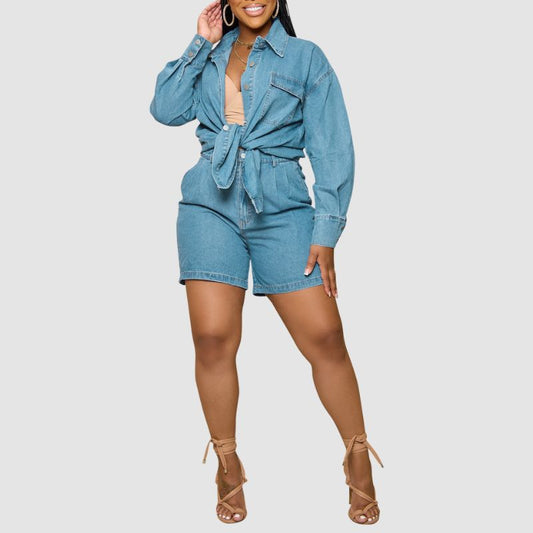 Casual Denim Jacket & Shorts Set Blue / S