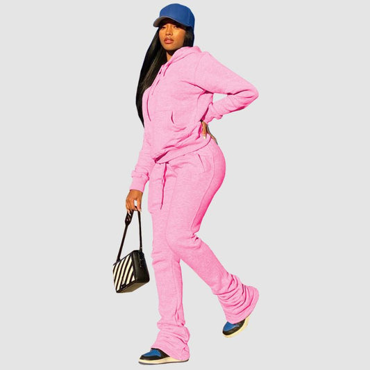 Solid Color Hoodies & Piled Pant Set Pink / S
