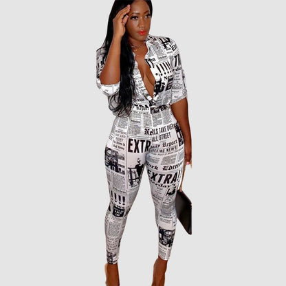 Newspaper Pattern Printed Shirt Pant Set White / S