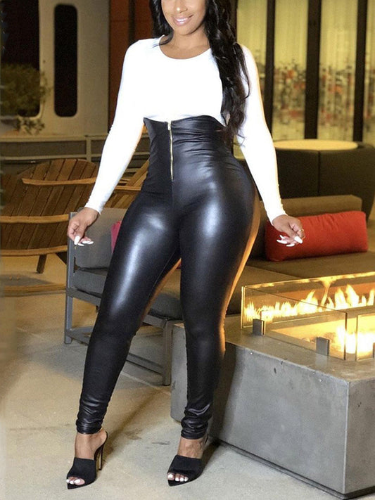 PU Leather Zipper Up Pants Black / S