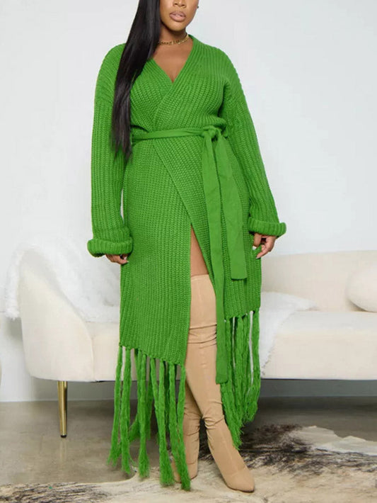 Knit Tassels With Belt Cardigan Green / S