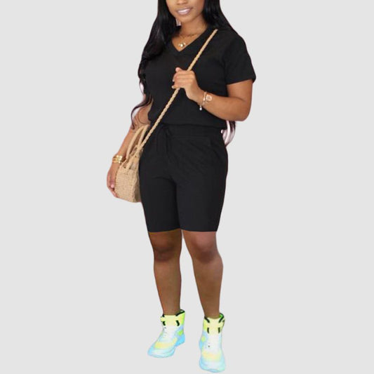 V Neck Tee & Short Pant Set Black / S