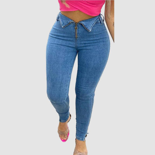 Zipper Highly Elasticity Jeans Blue / S