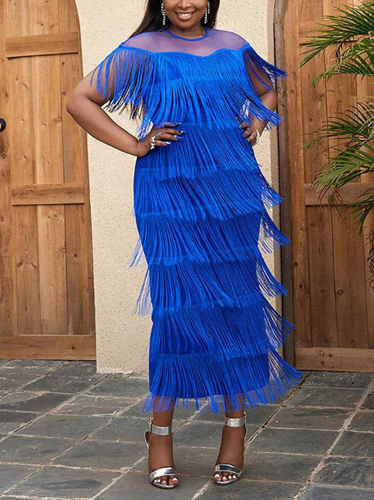 Mesh Tassel Party Dress Blue / S