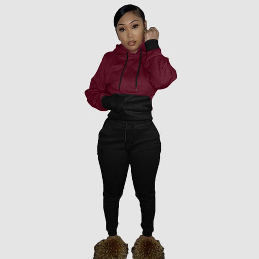 Patchwork Hoodies & Solid Color Pant Set Wine / S