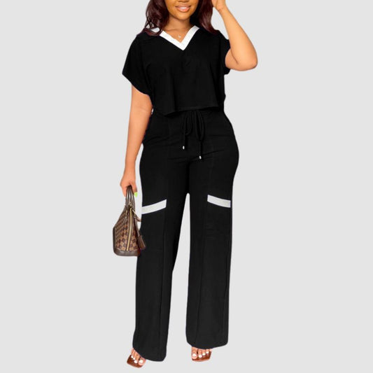 V-neck Color Contrast Tee & Wide Leg Pants Set Black / S