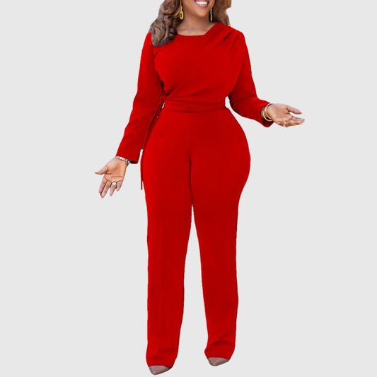 Solid Color Tie-up Wide Leg Jumpsuit Red / S