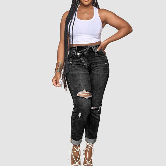 Distressed Stretch Buckle Jeans Black / S