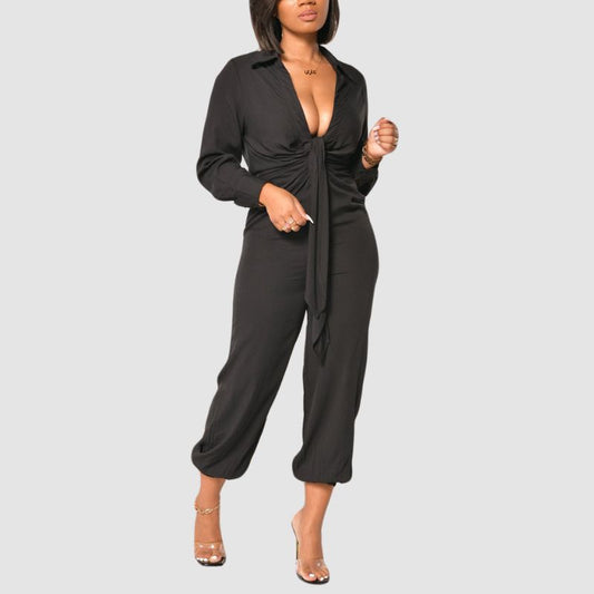 V Neck Tie UP Jumpsuits Black / S