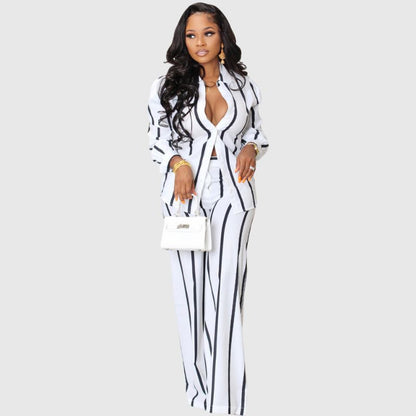 Stripe Printed Shirt Set White / S