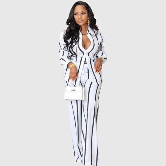 Stripe Printed Shirt Set White / S