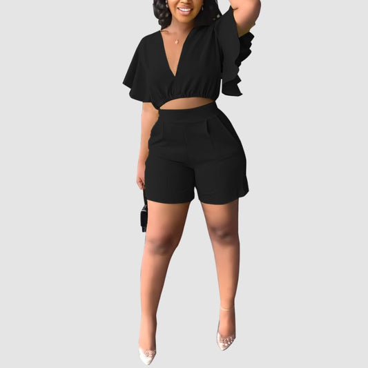 Ruffled V-neck Crop Top & Short Pants Set Black / S