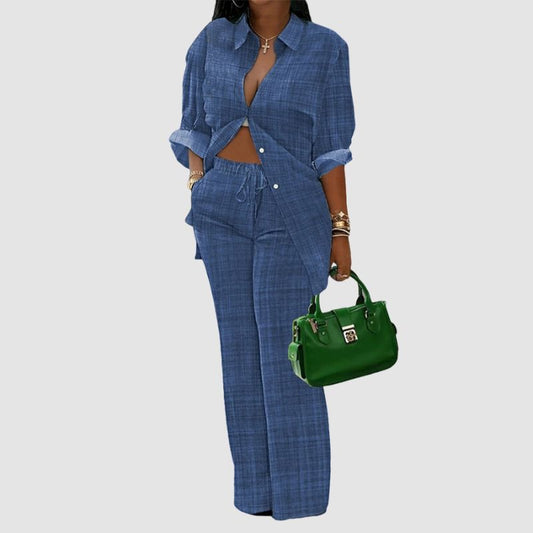 Printed Shirts & Wide Leg Pant Set Blue / S