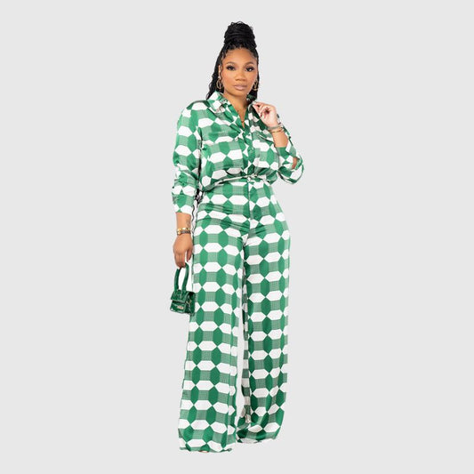 Geometric Printed Shirt Set Green / S
