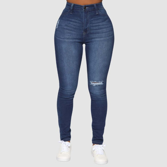 Ripped Design High Elasticity Jeans Dark Blue / S