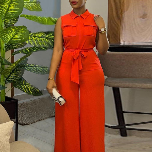 Lapel Lace-Up sleeveless jumpsuits Orange / S
