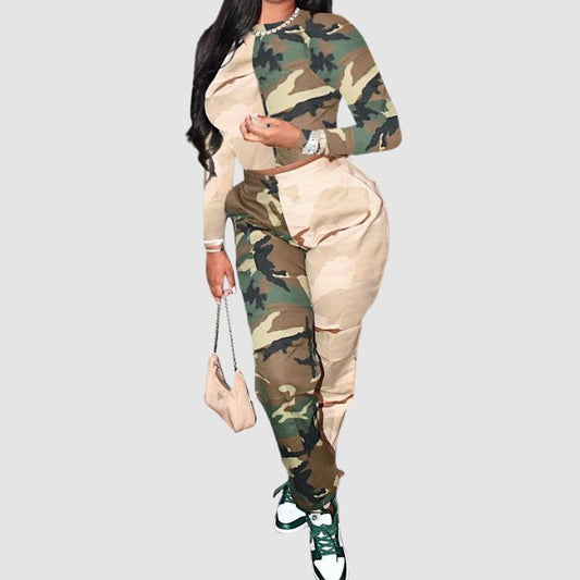Camouflage Patchwork Design Pant Set Green / S