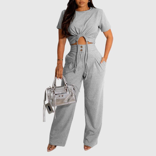 Solid Drawstring Tee Set Grey / M