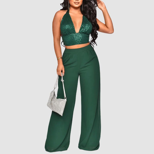 Sequined Halter Vest & High Waisted Straight Pants Set Green / S