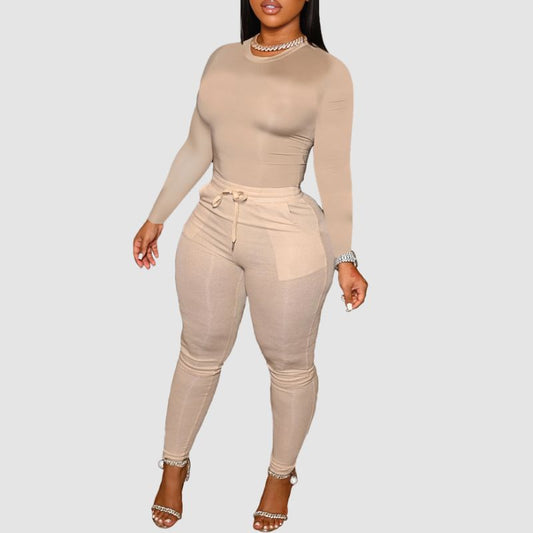Solid Color Bodycon Two Pices set Khaki / XS