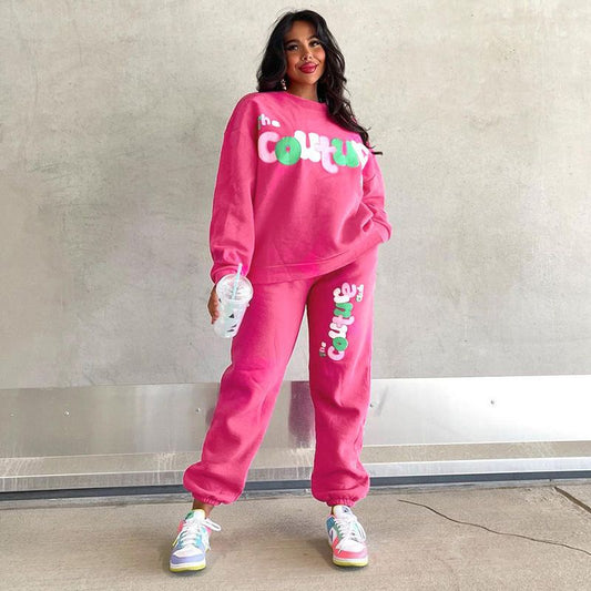 Letter Printed Design Sweatshirt Set Pink / S