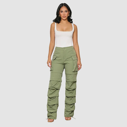 Pleated Drawstring Cargo Pants Black / S