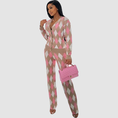 Argyle pattern pants set Pink / S