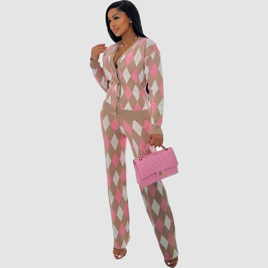 Argyle pattern pants set Pink / S
