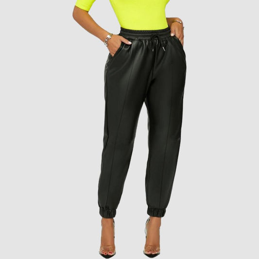 Solid Color Drawstring PU Pants Black / S