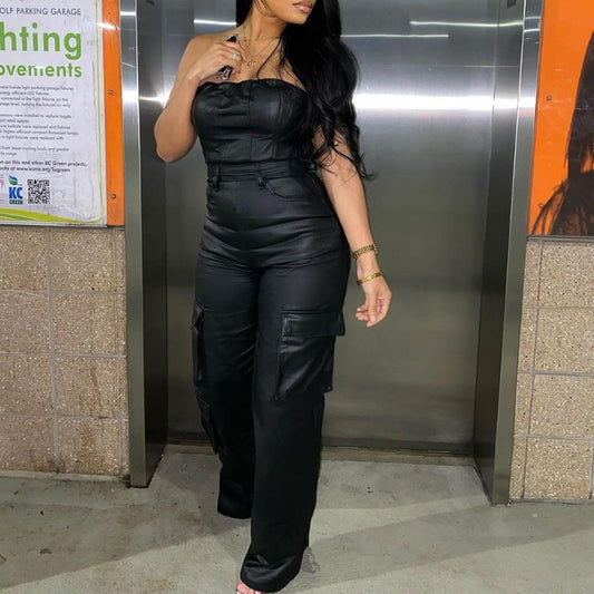 Off-shoulder PU Leather Jumpsuit Black / XS