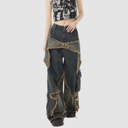 Star Pattern Frayed Patchwork Jeans Blue / L