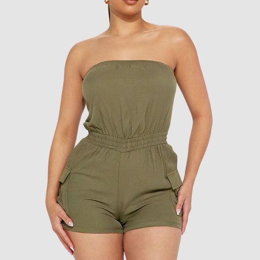 Off Shoulder Tube Top Cargo Romper Green / S