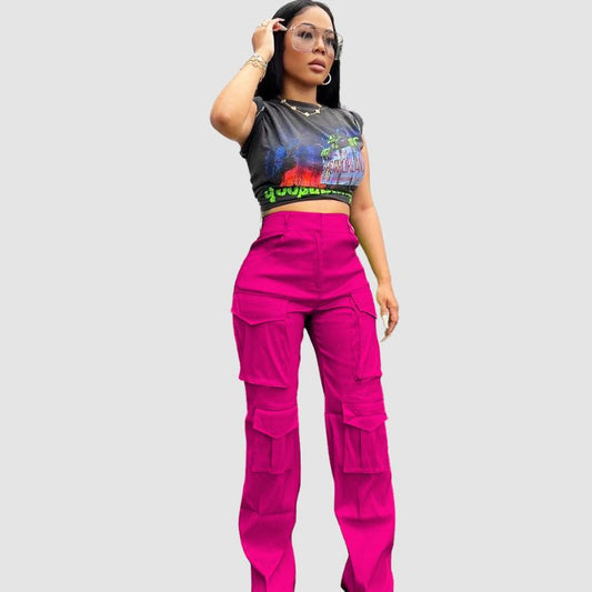 Solid Color Multi-Pocket High Waist Cargo Pants Green / S