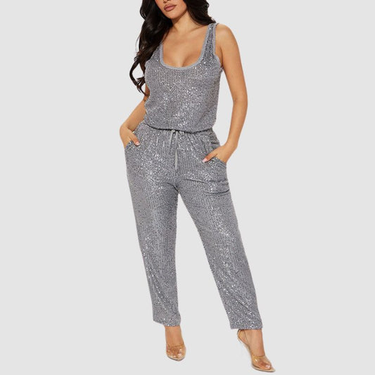 Sleeveless Sequins Jumpsuits Grey / S