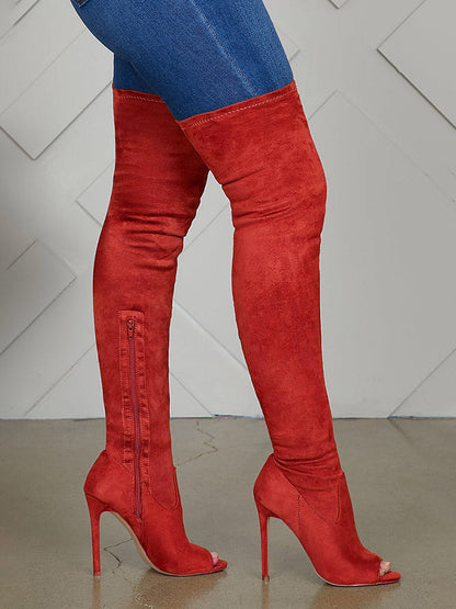 Peep Toe Suede Over Knee Boots Black / 6.5/7