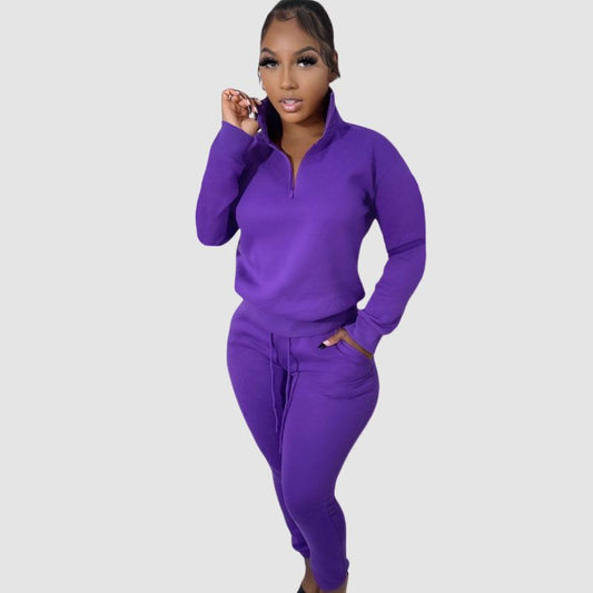 Zipper Sweatshirt & Drawstring Waist Pants Set Purple / S