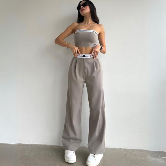 Tube Top & Wide Leg Trousers Set Grey / S