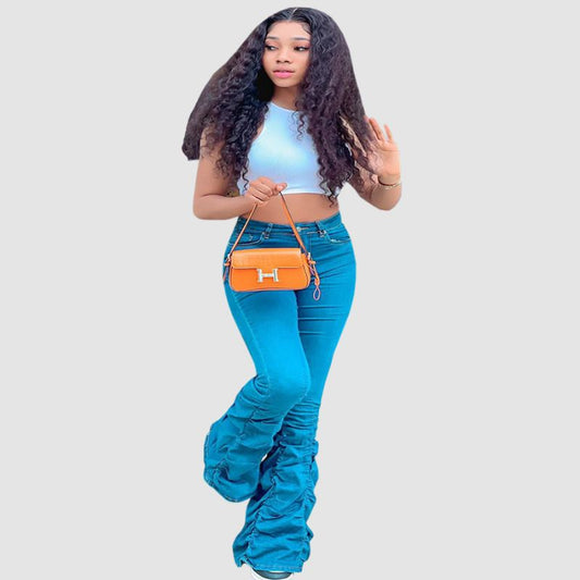 Solid Color Stretch Pleated Jeans Blue / S