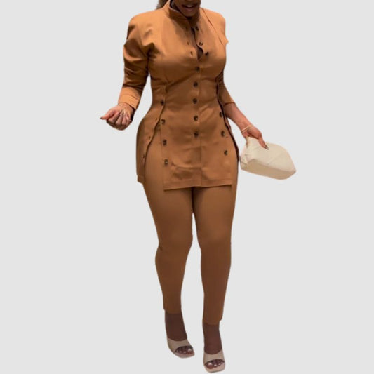 Stand Collar Slit Top & Bodycon Pants set Brown / S