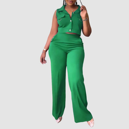 Solid Color Vest & Straight Leg Pants Set Green / S