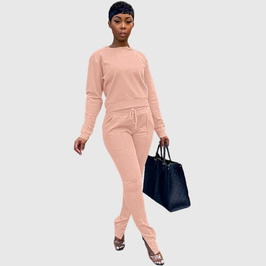 Crew Neck Top & Slit Pant Set Pink / S