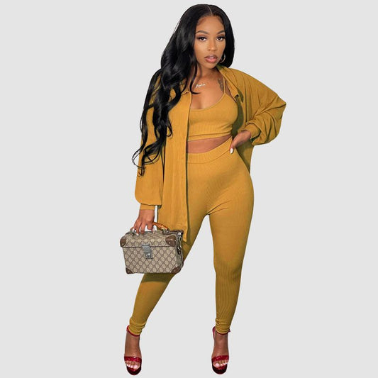 Solid Color Casual Pants Three Piece Set Yellow / S